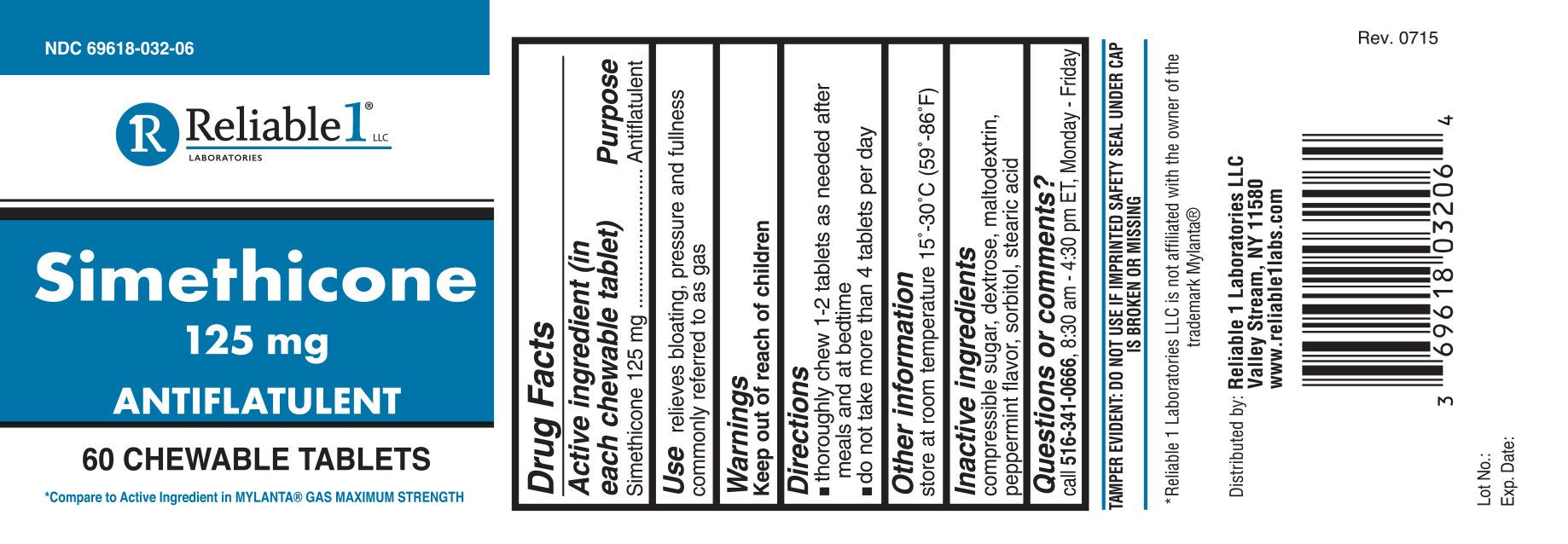 Reliable-1 Laboratories Simethicone 125mg Gas Relief Tablets – Extra Strength, Peppermint Flavor, 60 Chewable Tablets