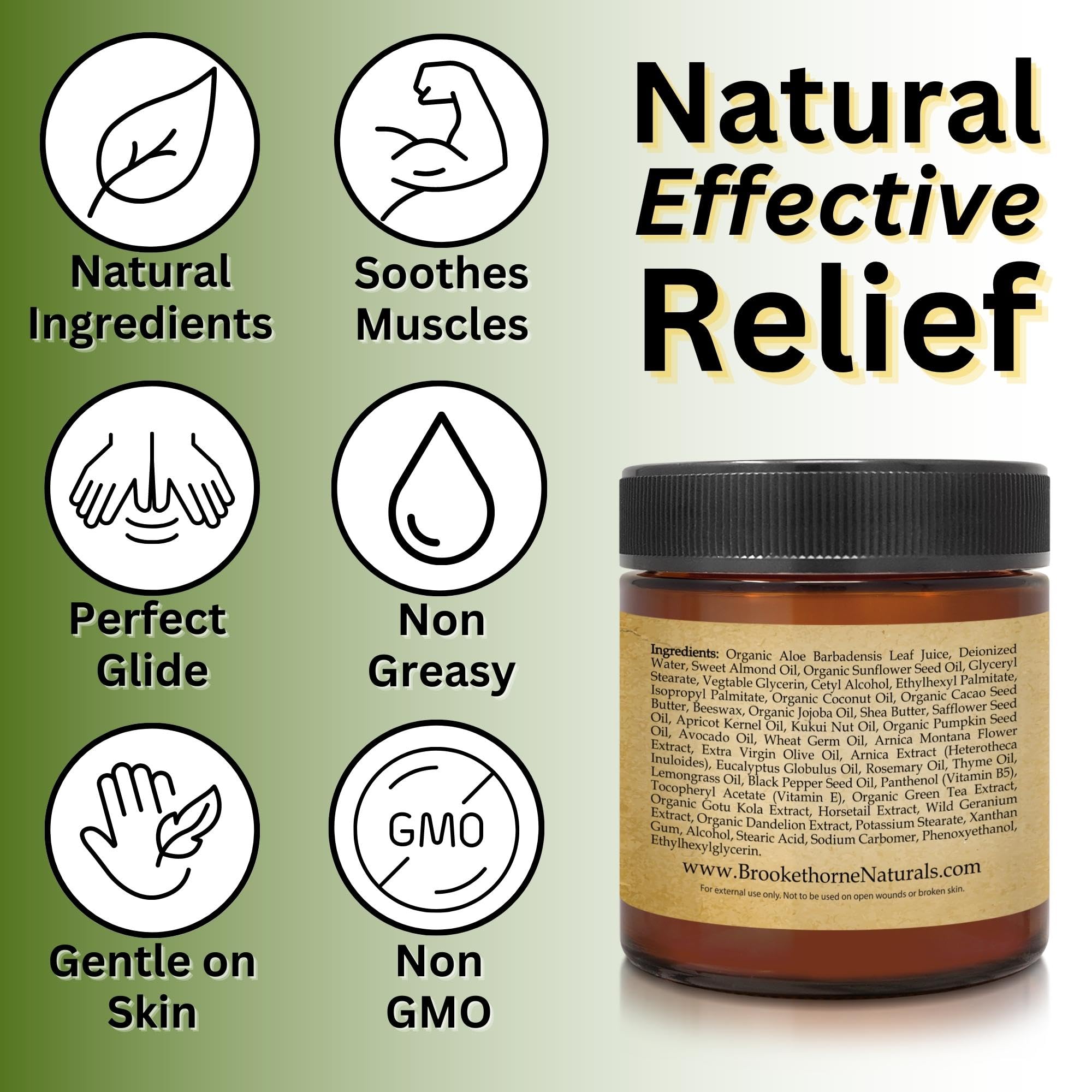 Relief Arnica Cream – All-Natural Massage Lotion with Lemongrass, Eucalyptus & Rosemary | Brookethorne Naturals