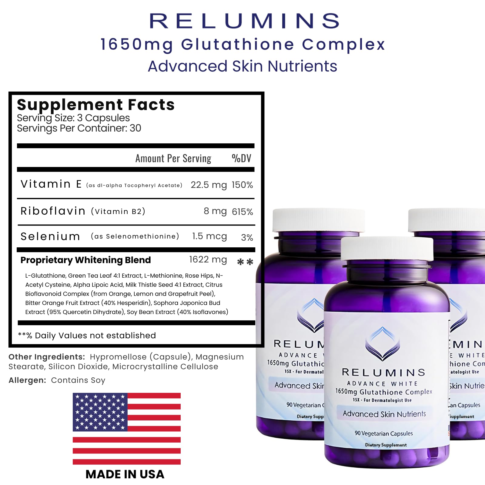 Relumins L-Glutathione Complex 1650mg – Spring Glow Antioxidant Support (90 Vegetarian Capsules x 3)