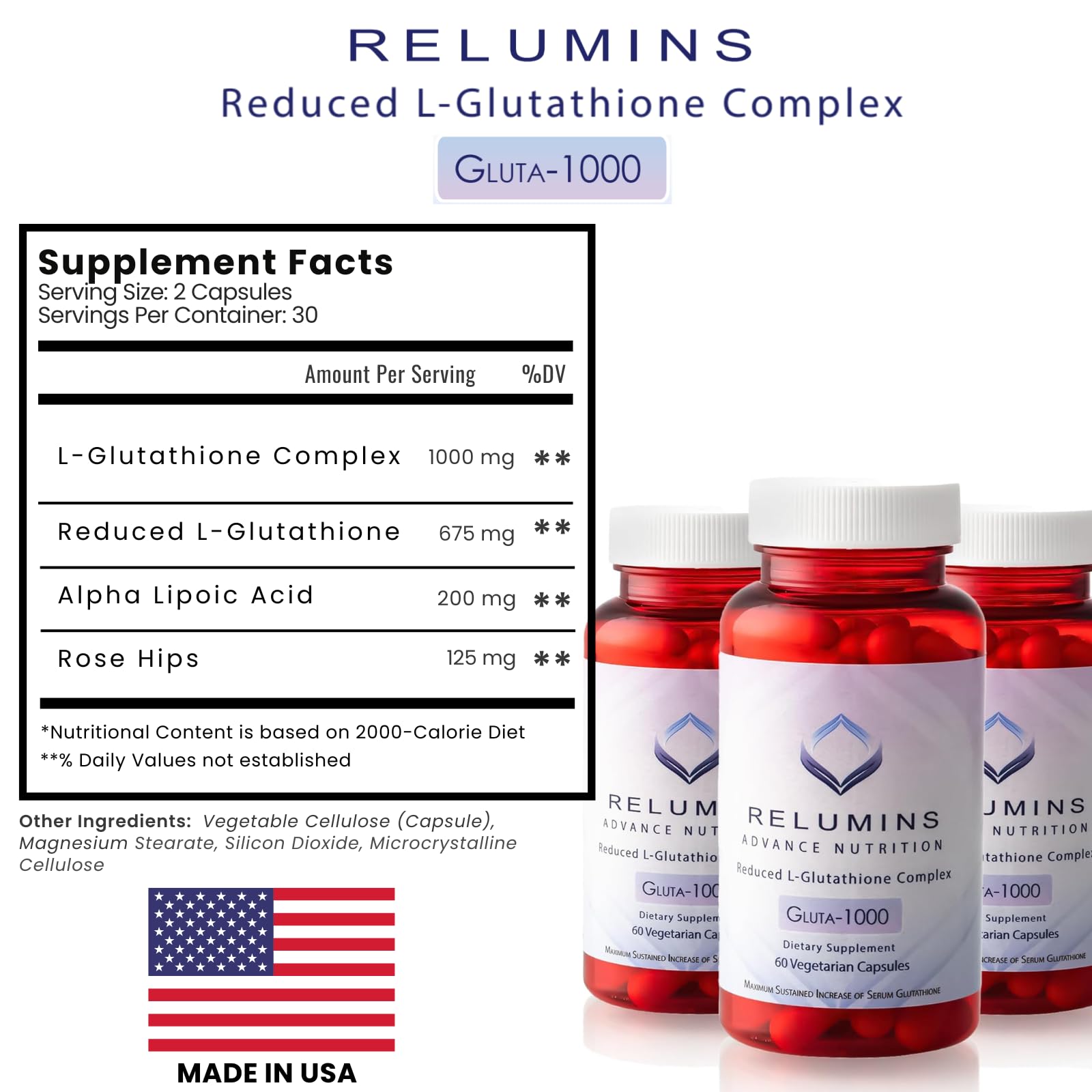 Relumins L-Glutathione 1000mg Complex with Alpha Lipoic Acid – 60 Caps x 3 Bottles