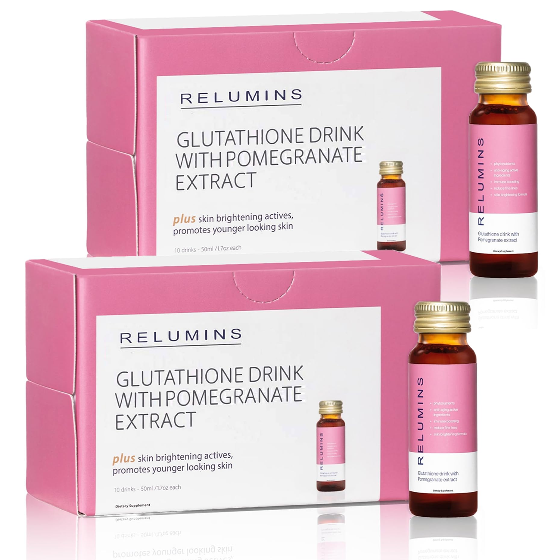 Relumins Glutathione Shots – Pomegranate Flavor, 20x50ml | Hydration, Collagen & Antioxidant Boost | Made in USA