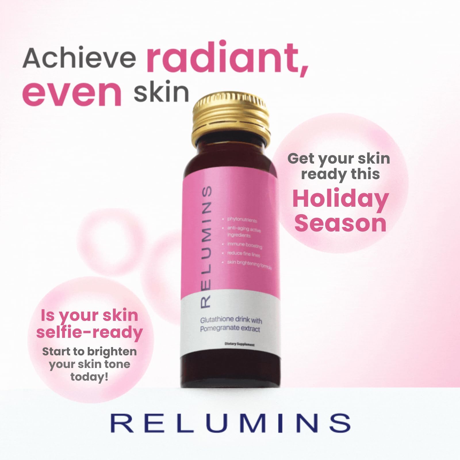 Relumins Glutathione Shots – Pomegranate Flavor, 20x50ml | Hydration, Collagen & Antioxidant Boost | Made in USA