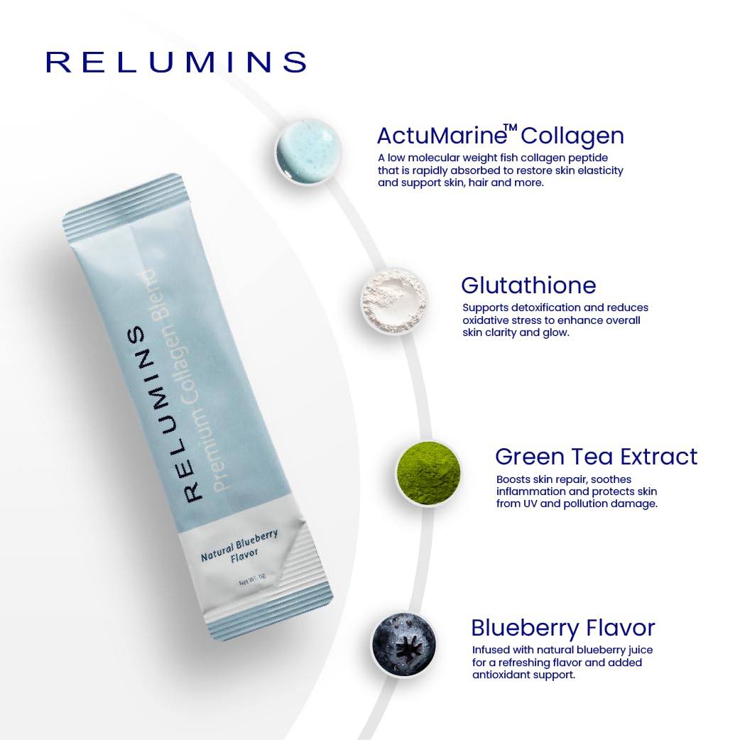 Relumins Marine Collagen Drink Mix 5000mg (Types I, II & III) – Blueberry Flavor | 20 Sachets + 2 Free