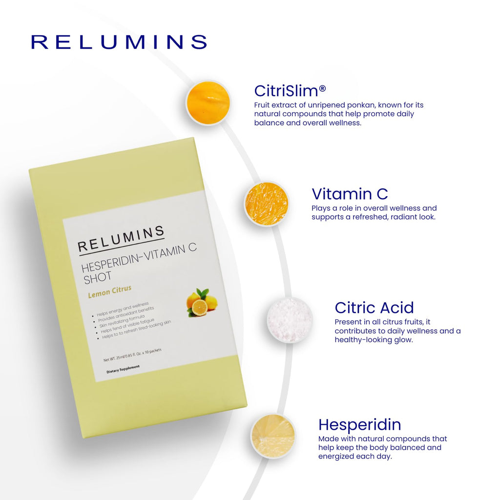 Relumins Vitamin C Shots – Lemon with Hesperidin & Citrus Bioflavonoids | 25ml Packets, 50-count (5 Boxes)