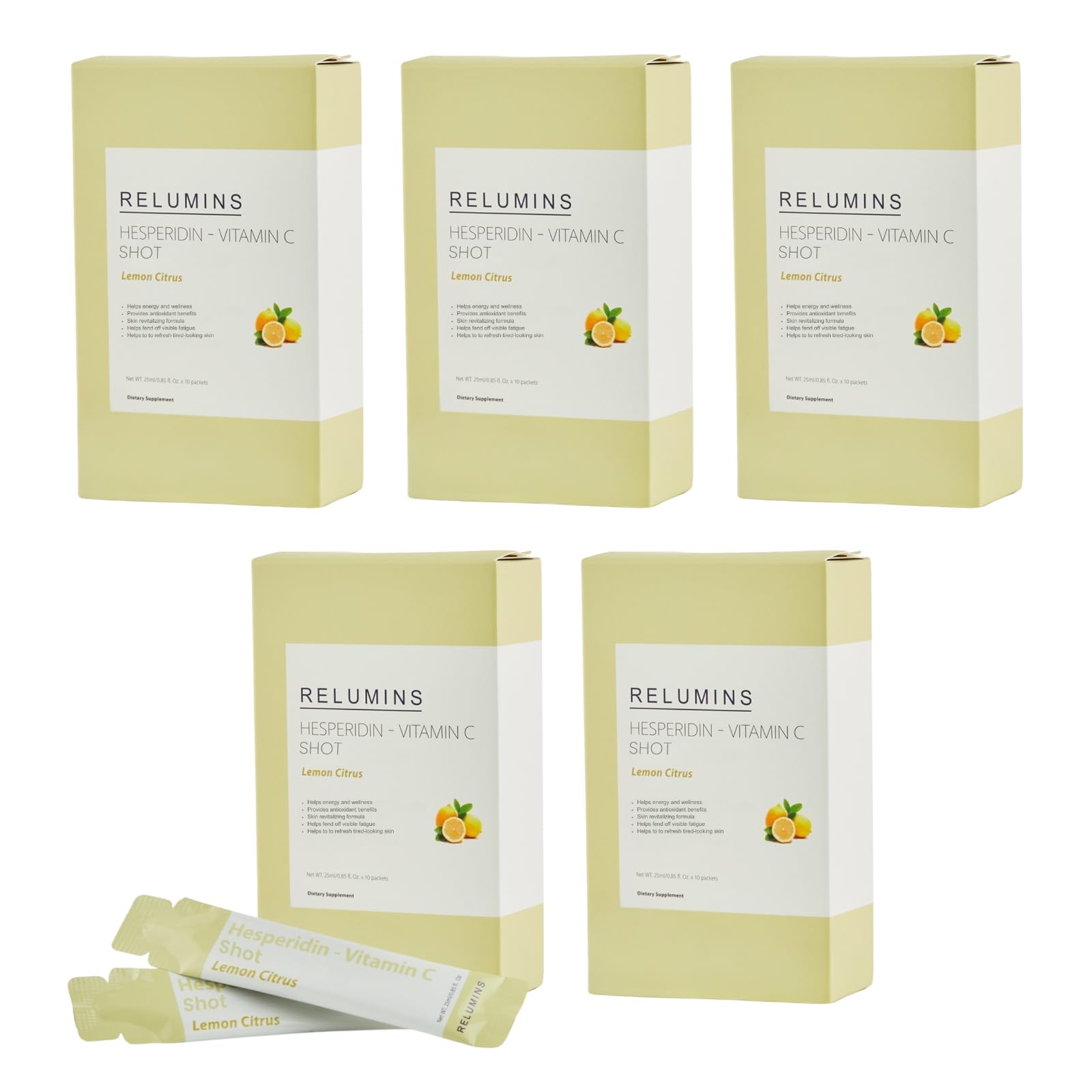 Relumins Vitamin C Shots – Lemon with Hesperidin & Citrus Bioflavonoids | 25ml Packets, 50-count (5 Boxes)