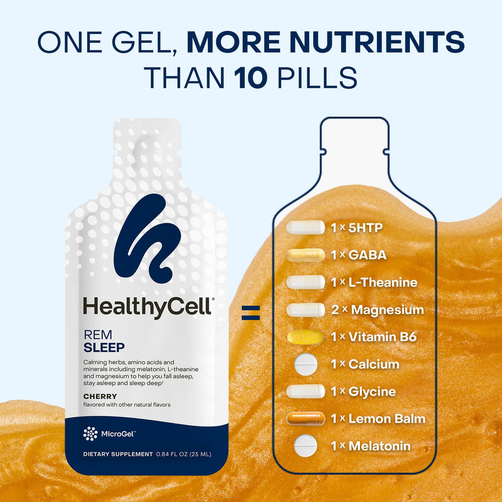 HealthyCell REM Sleep Aid – Extra-Strength Liquid Gel Sleep Support for Adults | Melatonin, Magnesium, L-Theanine, GABA, Cherry Flavor, 30 Gel Packs