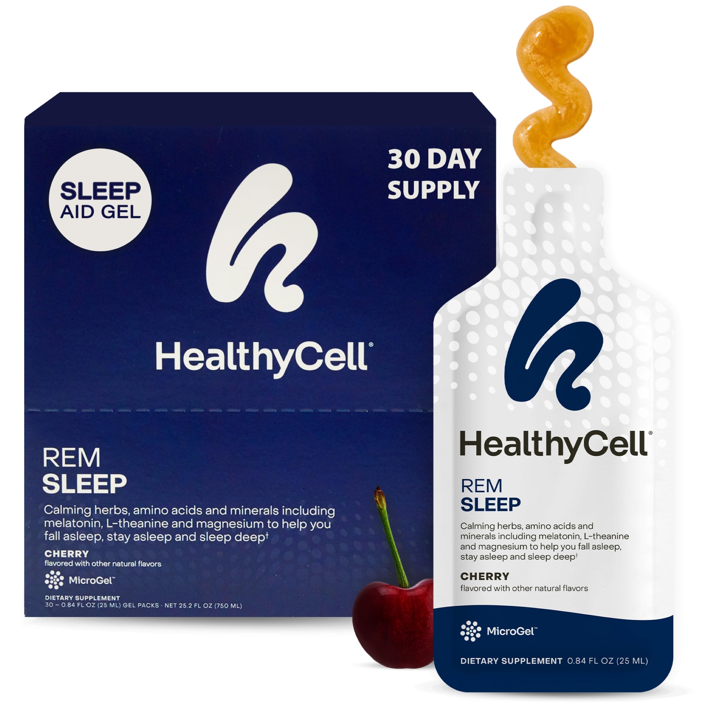 HealthyCell REM Sleep Aid – Extra-Strength Liquid Gel Sleep Support for Adults | Melatonin, Magnesium, L-Theanine, GABA, Cherry Flavor, 30 Gel Packs
