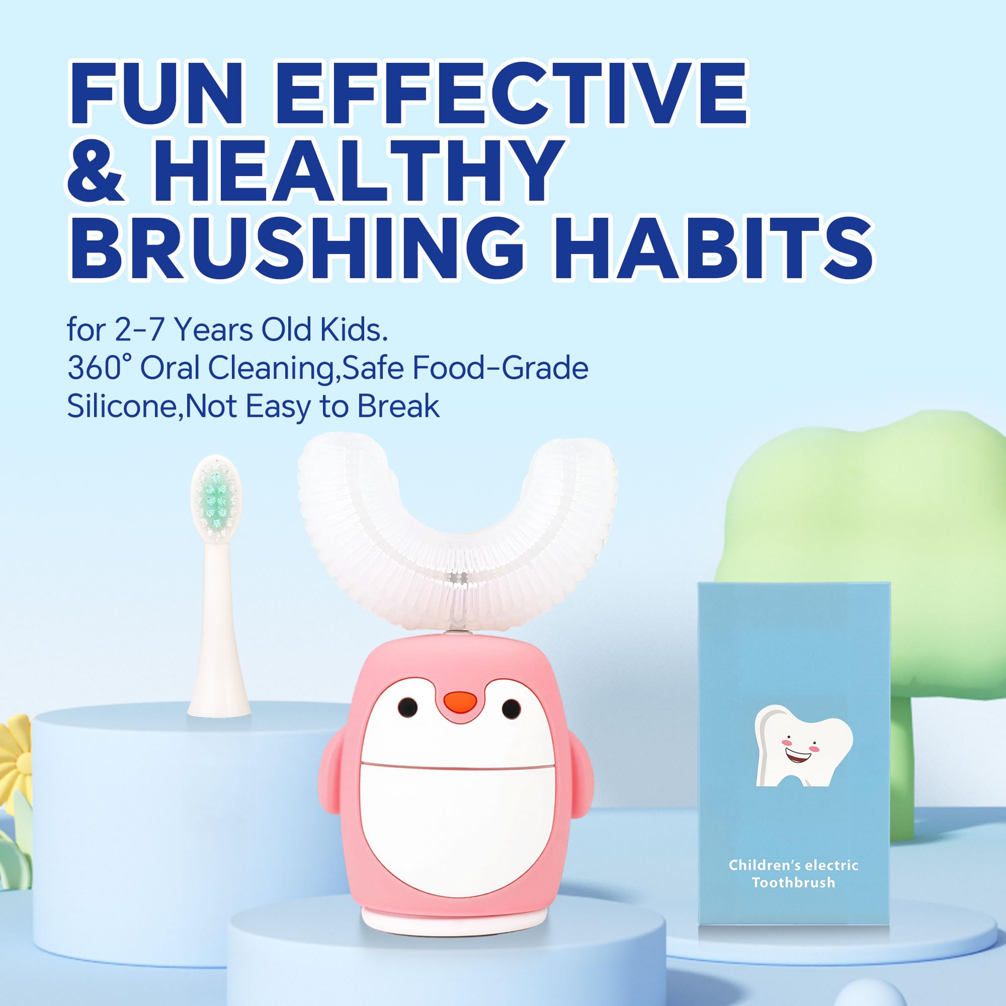 Renaelelife Kids Sonic Electric Toothbrush – U-Shaped, IPX7, 5 Modes, 360° Cleaning (Pink Penguin)