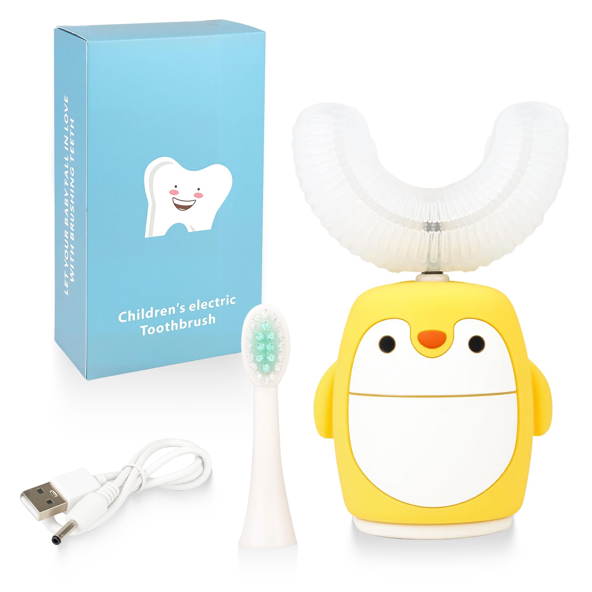 Renaelelife Kids Sonic Electric Toothbrush - U-Shaped, 5 Modes, IPX7, 2-7 yrs, Yellow Penguin