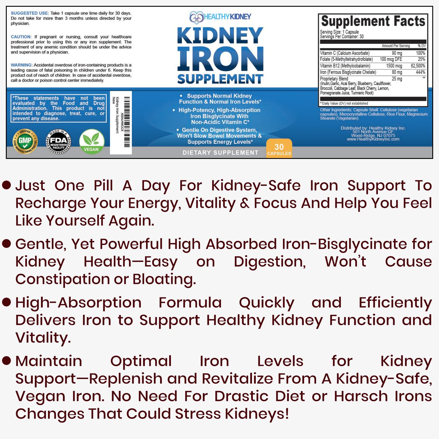 Kidney Iron Supplement Pills for Kidney Health – High-Absorption Iron Bis-Glycinate (30 Capsules)