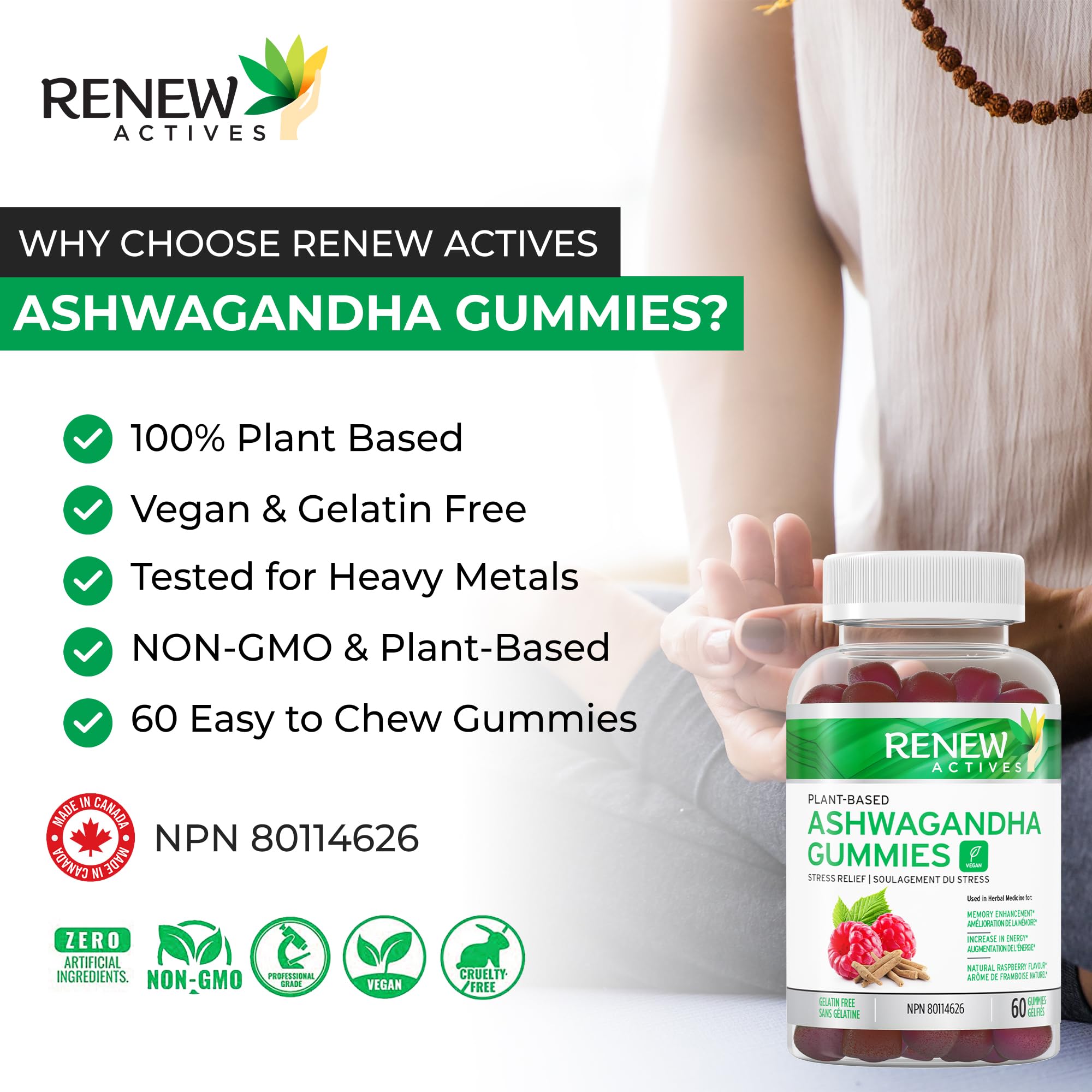 Renew Actives Ashwagandha Gummies 100MG – Vegan, Made in Canada