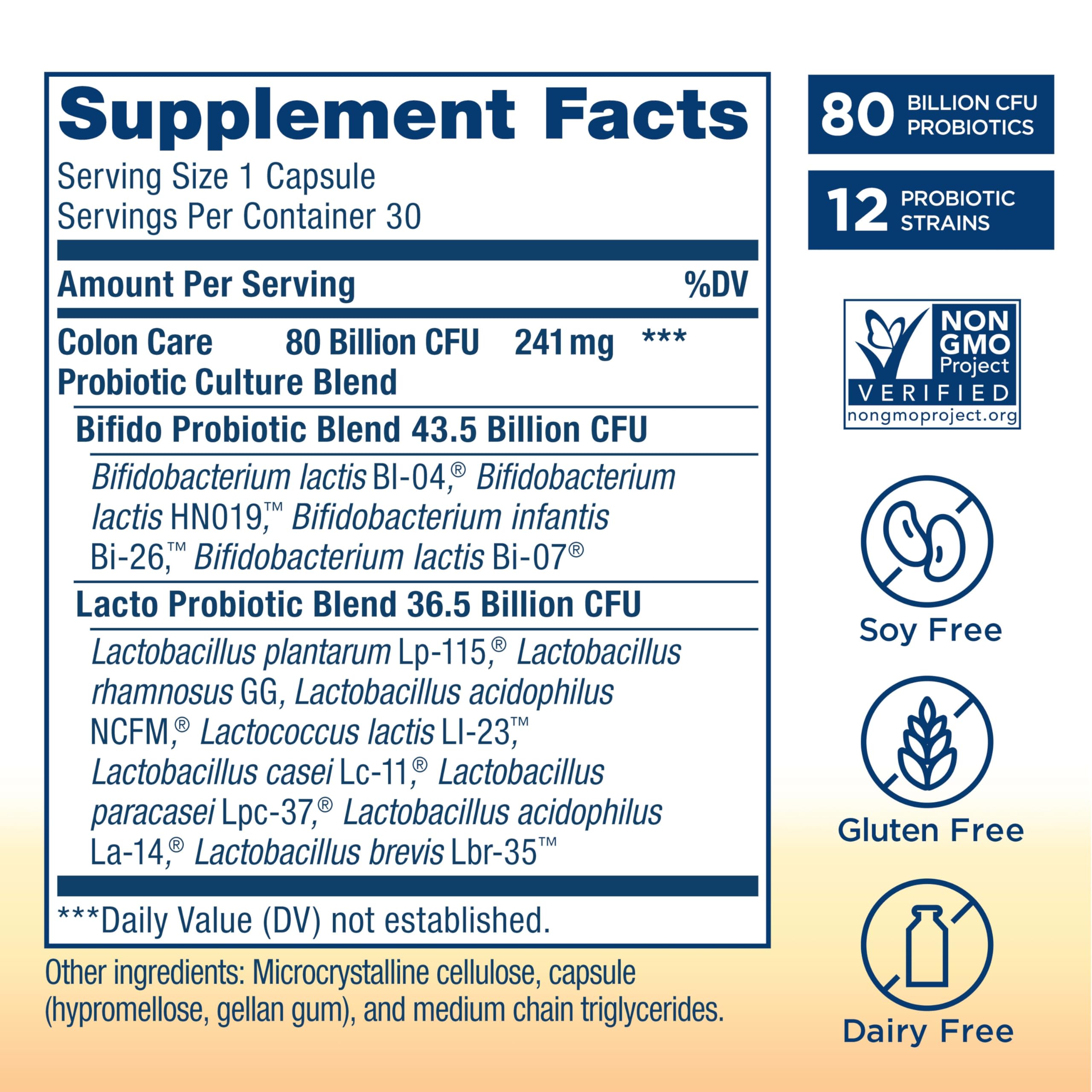 Renew Life Colon Care Probiotic Capsules – 80 Billion CFU, 12 Strains, Dairy/Gluten & Soy Free, 60 Count