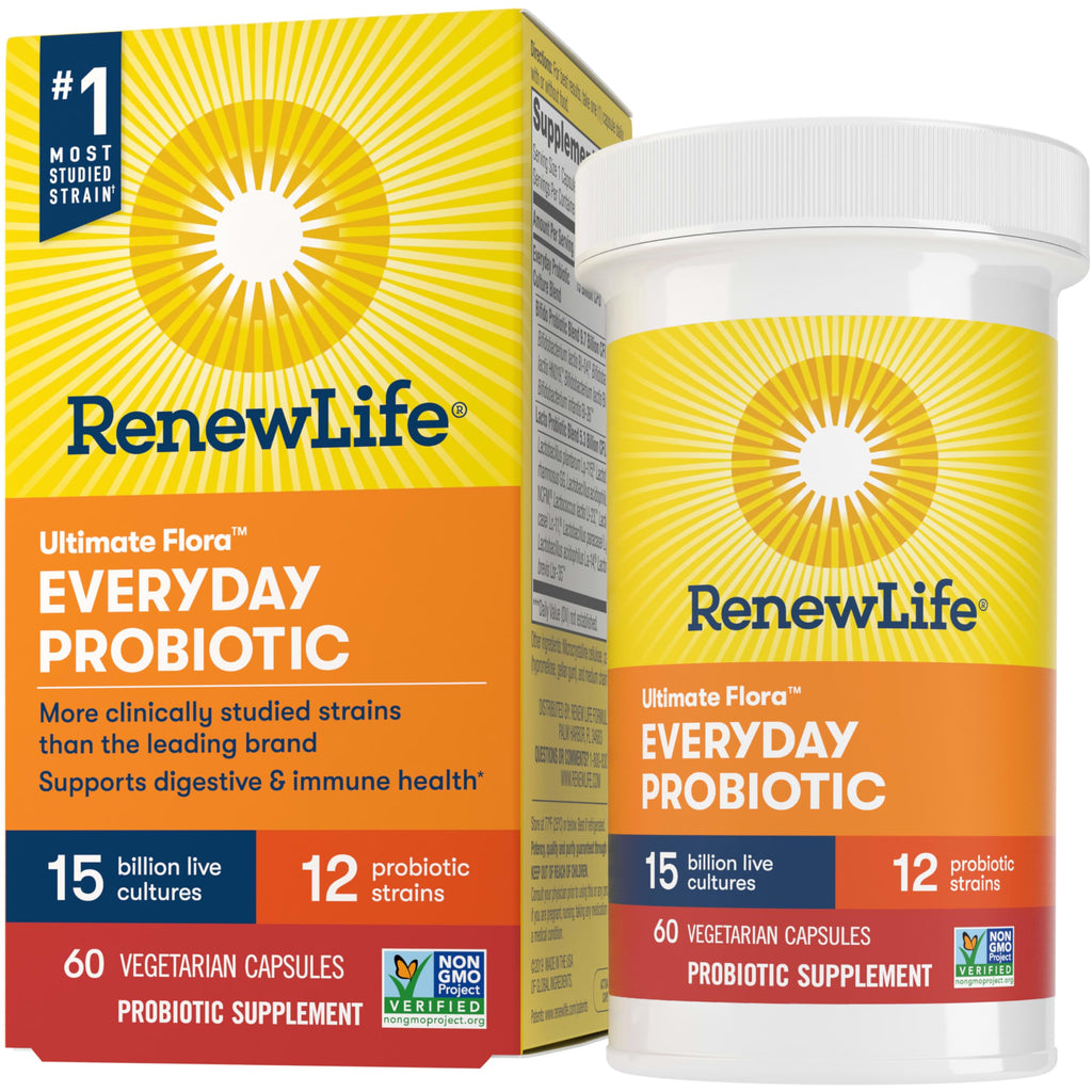 Renew Life Everyday Probiotic Capsules – 15 Billion CFU, 60 Count | Digestive, Immune & Urinary Support