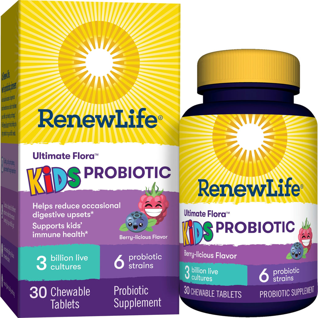 Renew Life Kids Probiotic Chewables – 3 Billion CFU, Digestive & Immune Support, Raspberry, 30 Tablets