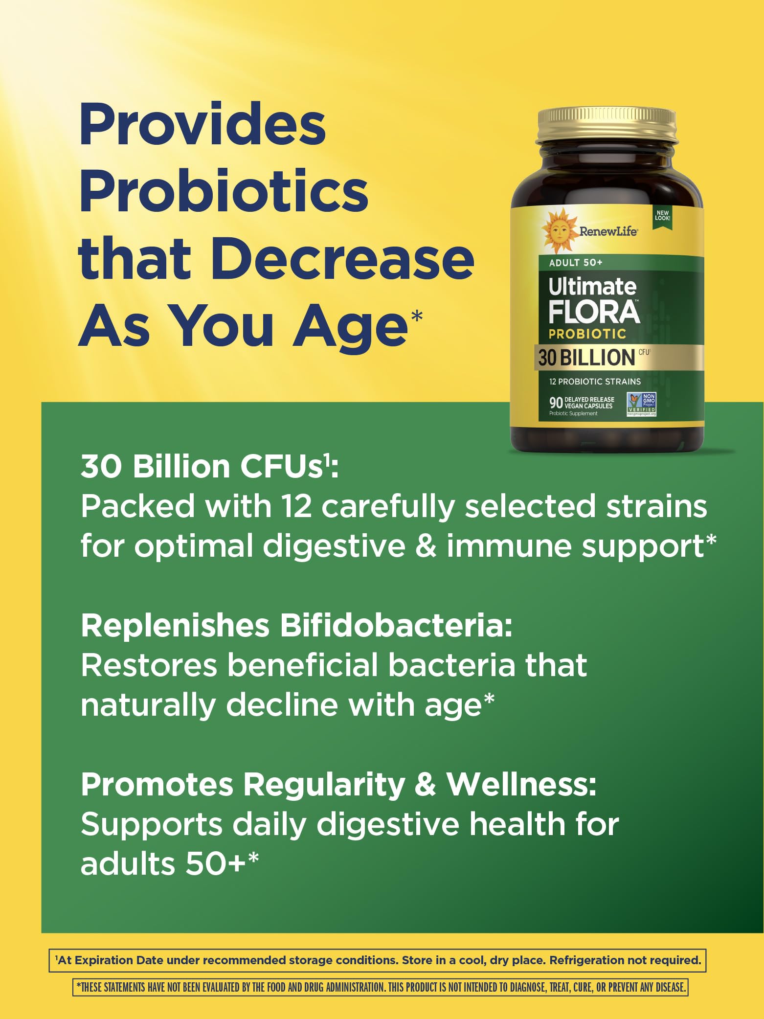 Renew Life Probiotic Adult 50 Plus – 30 Billion CFU, 90 Count Capsules | Digestive & Immune Support