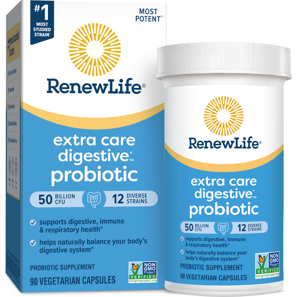 Renew Life Extra Care Probiotic – 50 Billion CFU, 12 Strains, 90 Caps | Gluten-Free, Dairy-Free, Soy-Free
