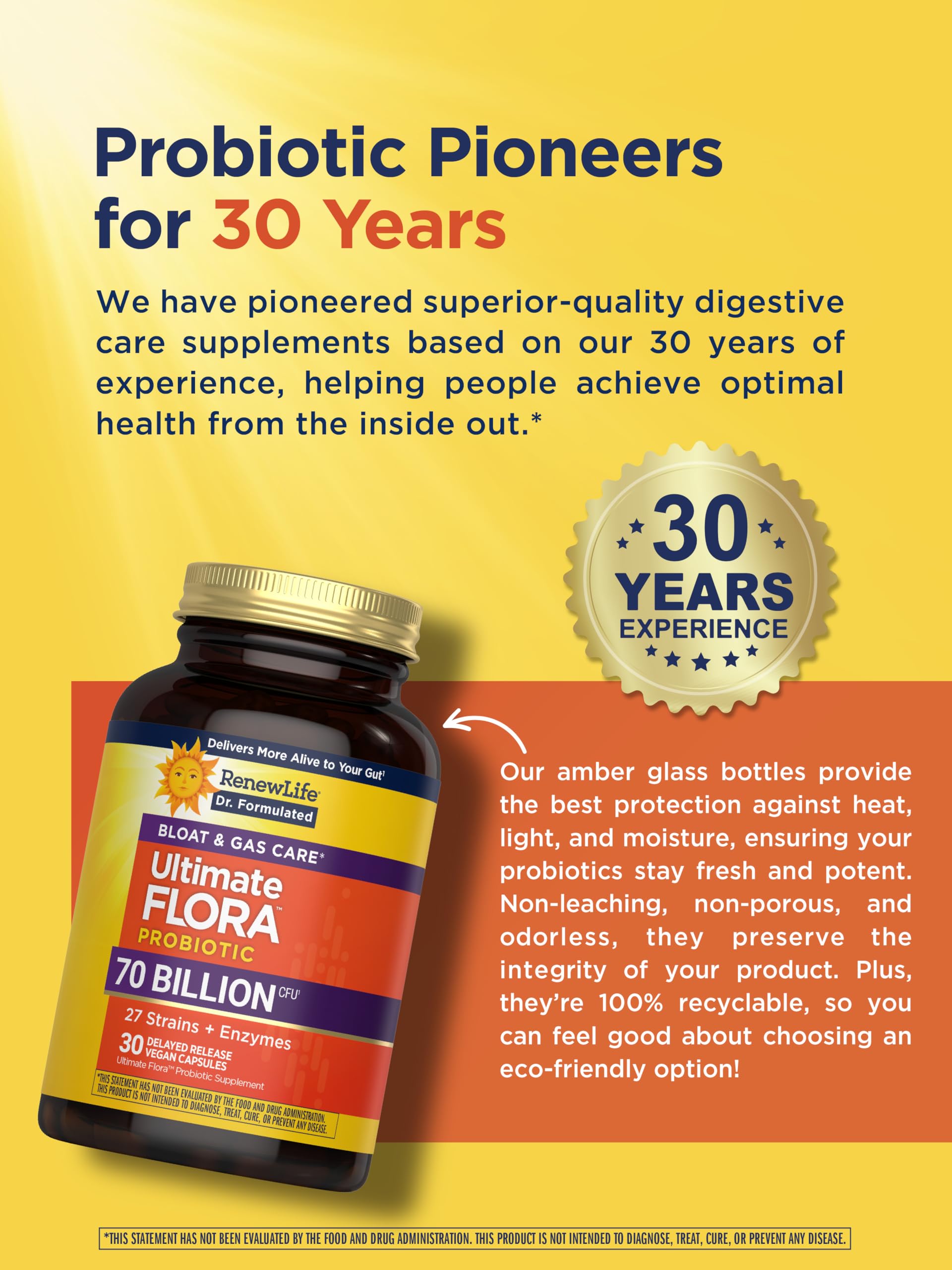 Renew Life Ultimate Flora Probiotics 70 Billion CFU – Gas & Bloat, Delayed Release Vegan Capsules (30 Count)