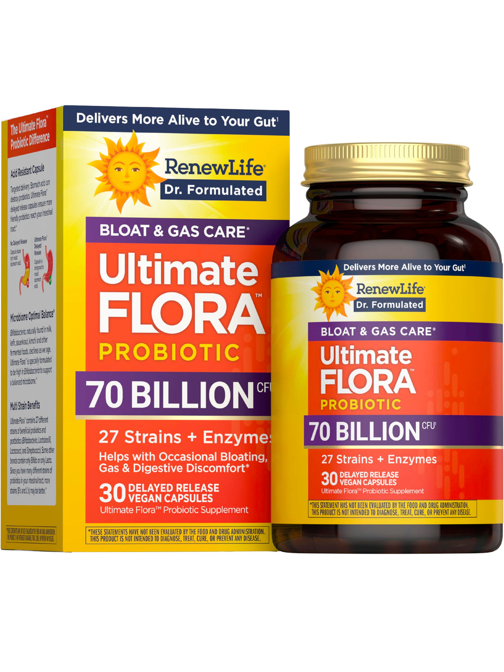 Renew Life Ultimate Flora Probiotics 70 Billion CFU – Gas & Bloat, Delayed Release Vegan Capsules (30 Count)