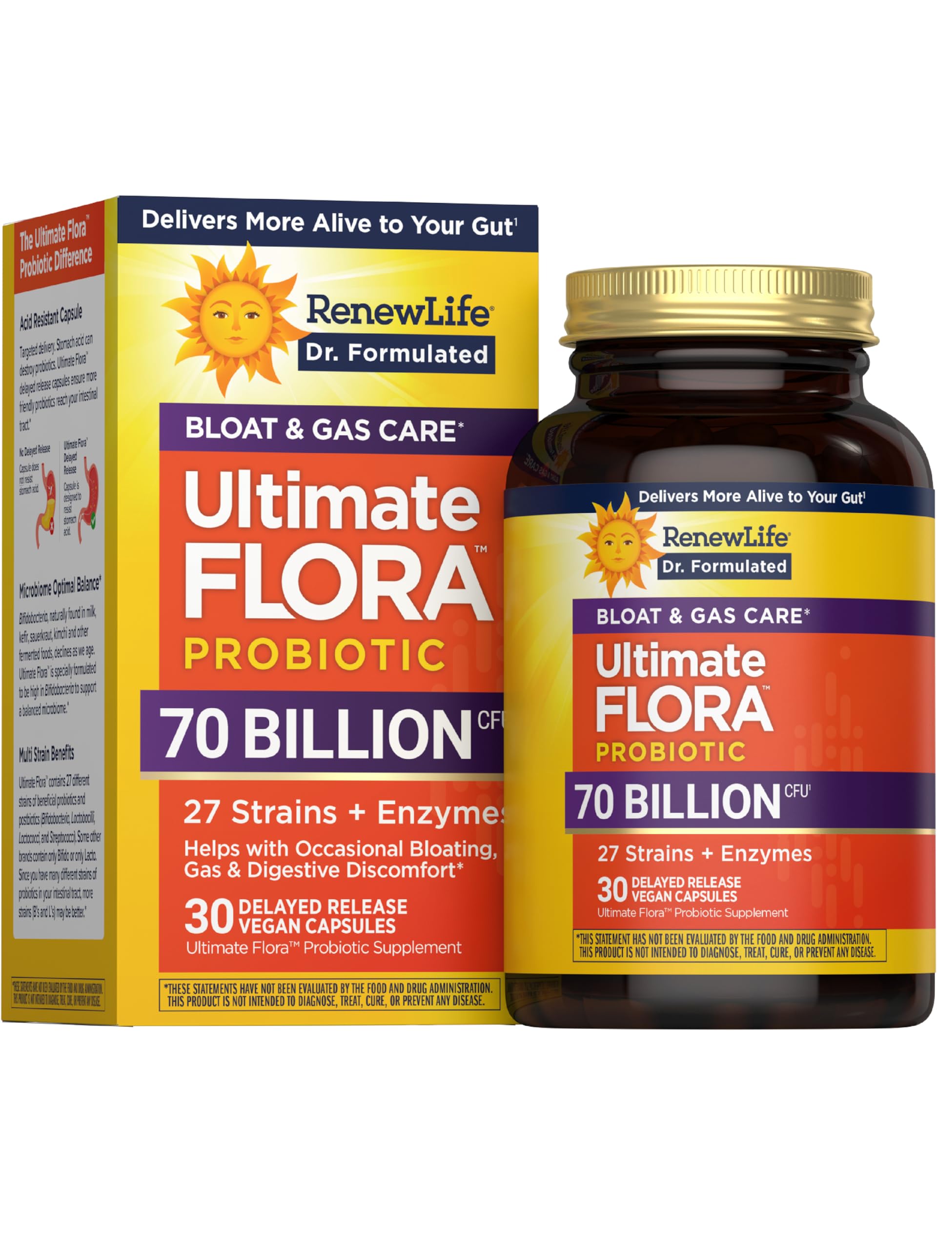 Renew Life Ultimate Flora Probiotics 70 Billion CFU – Gas & Bloat, Delayed Release Vegan Capsules (30 Count)