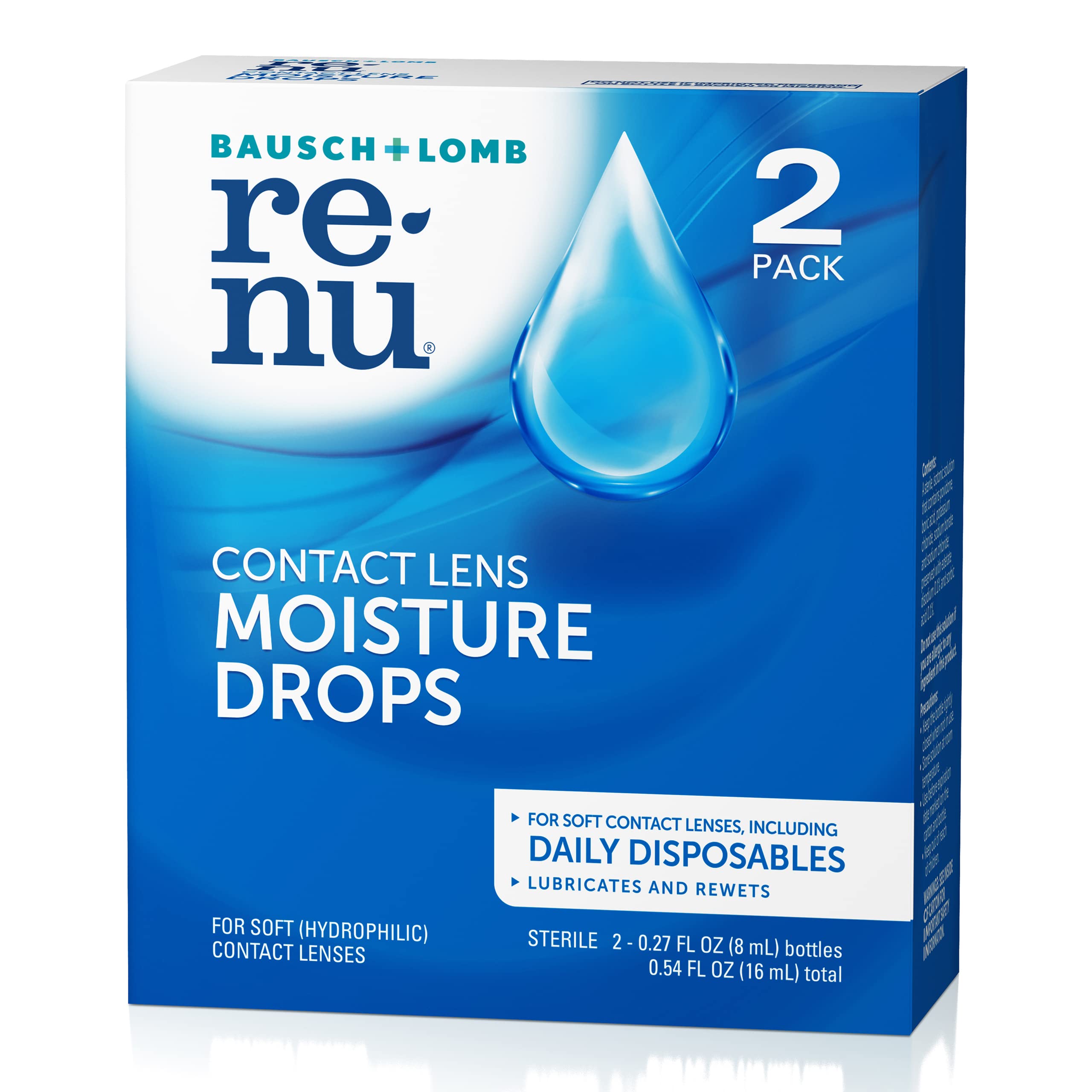 Renu Lubricant Eye Drops – Rewetting for Soft & Disposable Lenses (Pack of 2, 0.27 Fl Oz)