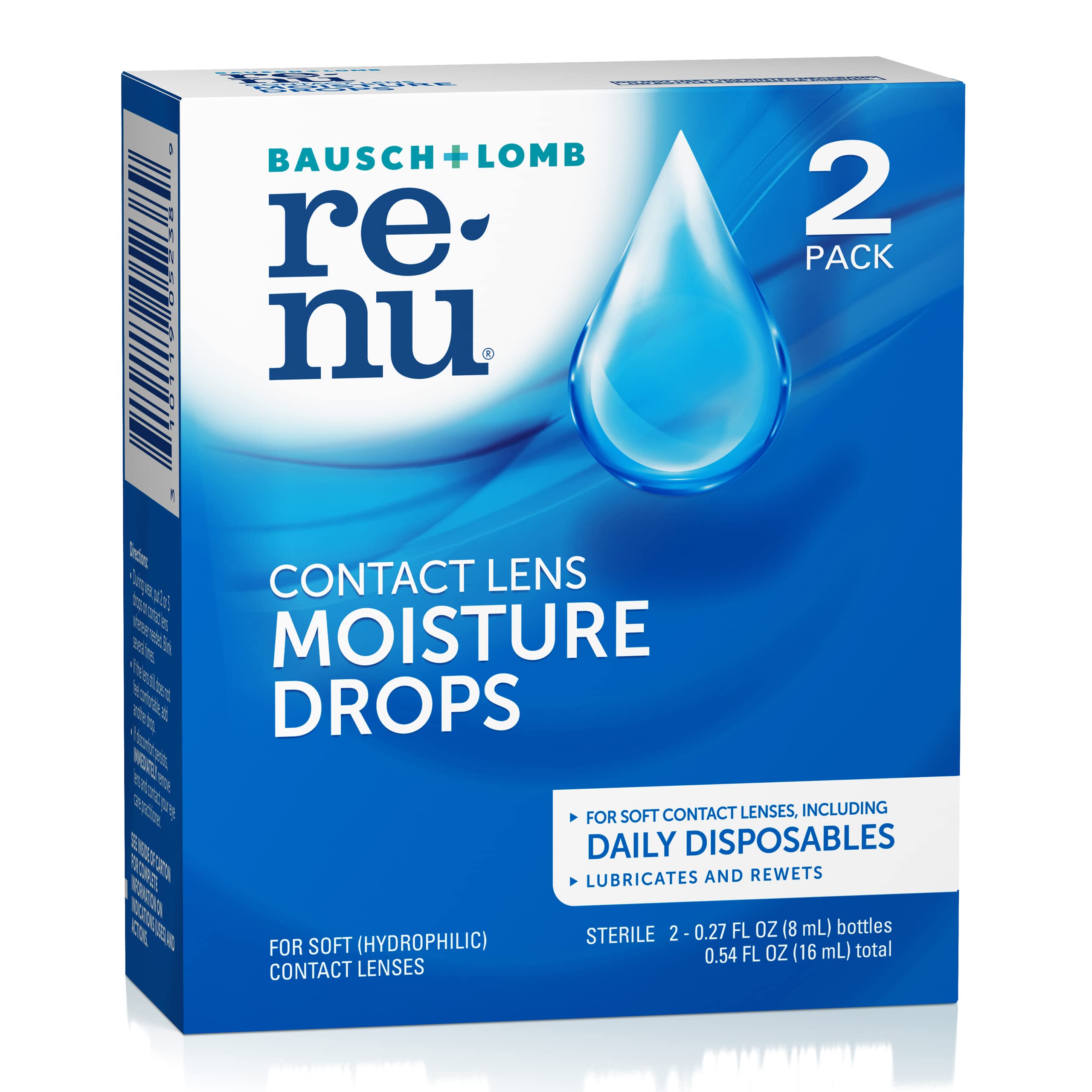 Renu Lubricant Eye Drops – Rewetting for Soft & Disposable Lenses (Pack of 2, 0.27 Fl Oz)