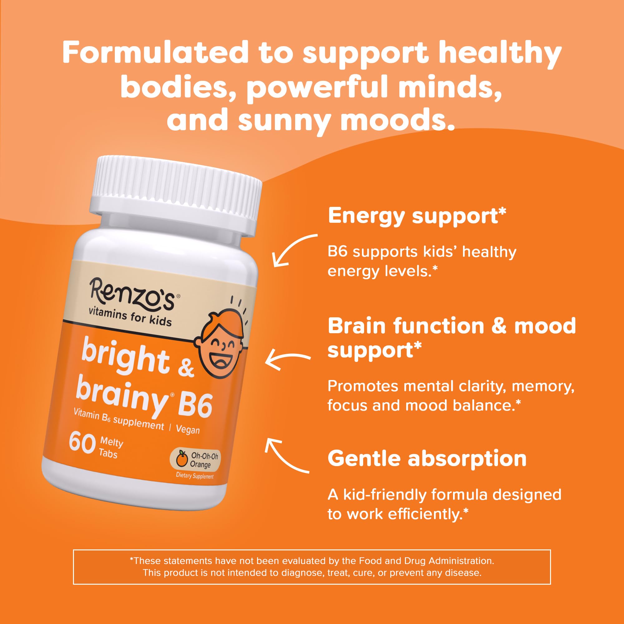 Renzo's Bright & Brainy Vitamin B6 for Kids - 60 Sugar-Free Melty Tabs, Orange