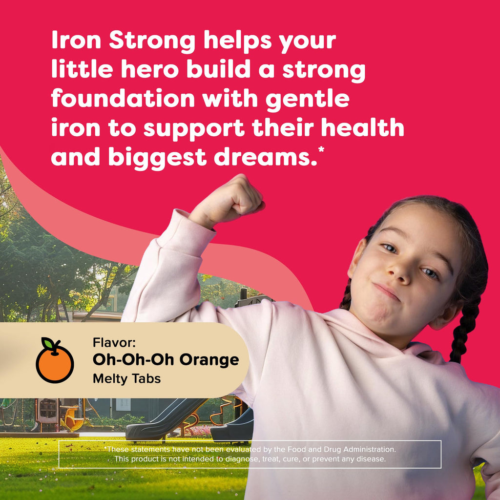 Renzo's Kids Iron Supplements – Dissolvable Vegan Iron with Vitamin C, Sugar Free, Orange, 90 Melty Tabs