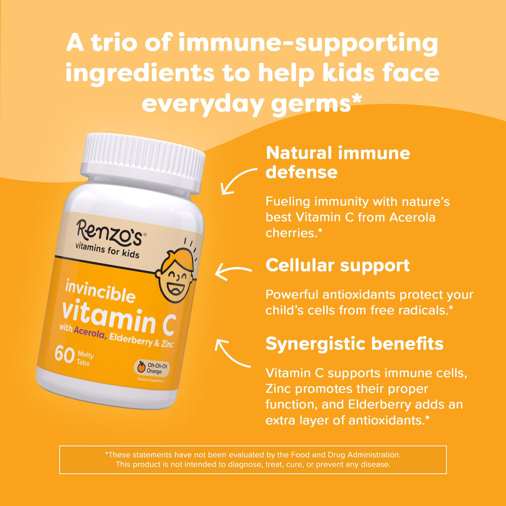 Renzo's Invincible Vitamin C for Kids with Elderberry & Zinc – 60 Melty Tabs