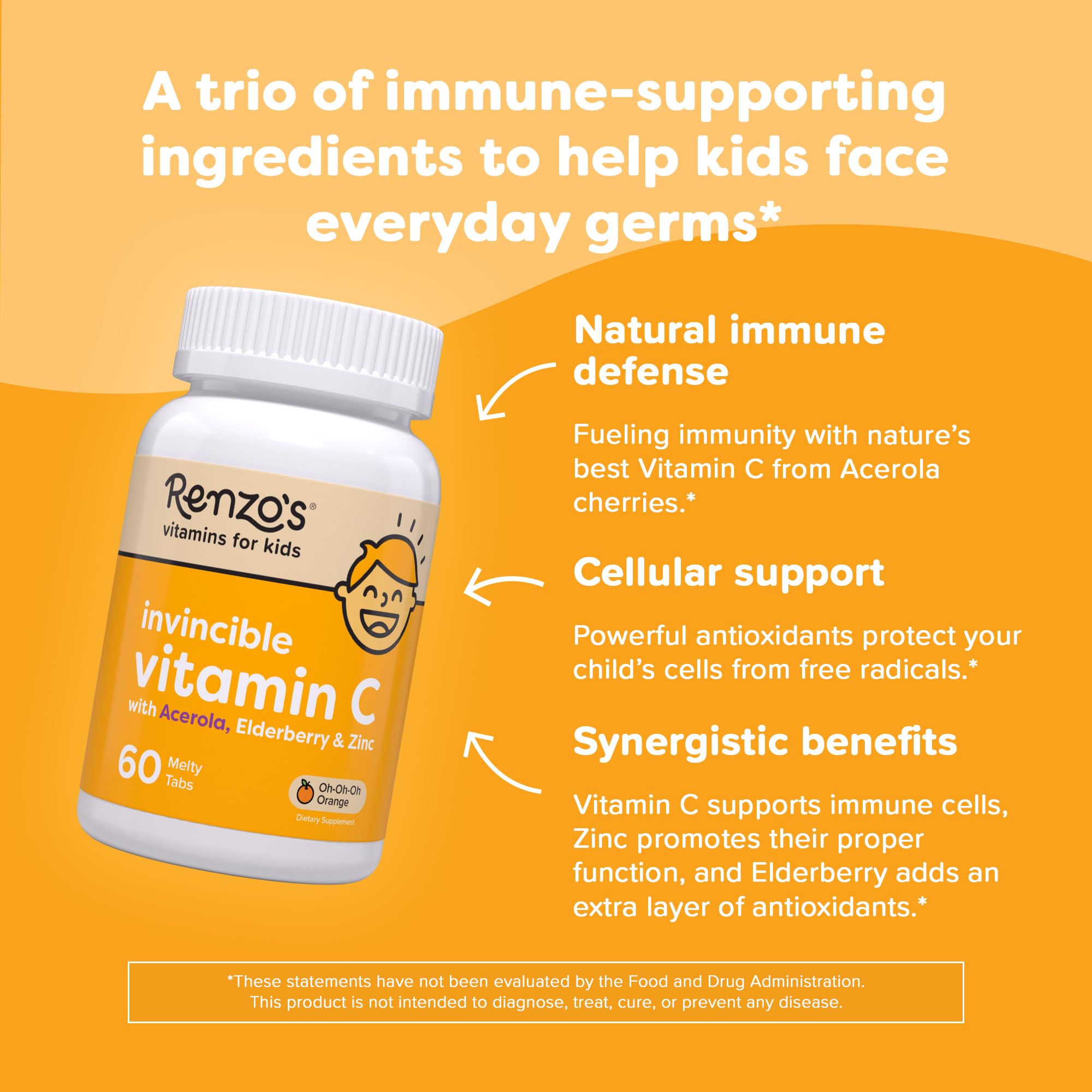 Renzo's Invincible Vitamin C for Kids with Elderberry & Zinc – 60 Melty Tabs