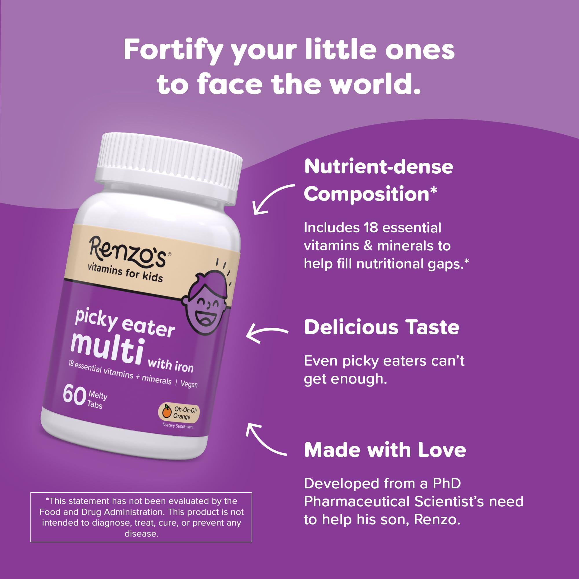 Renzo's Picky Eater Kids Multivitamin with Iron – Sugar-Free Orange Melty Tabs
