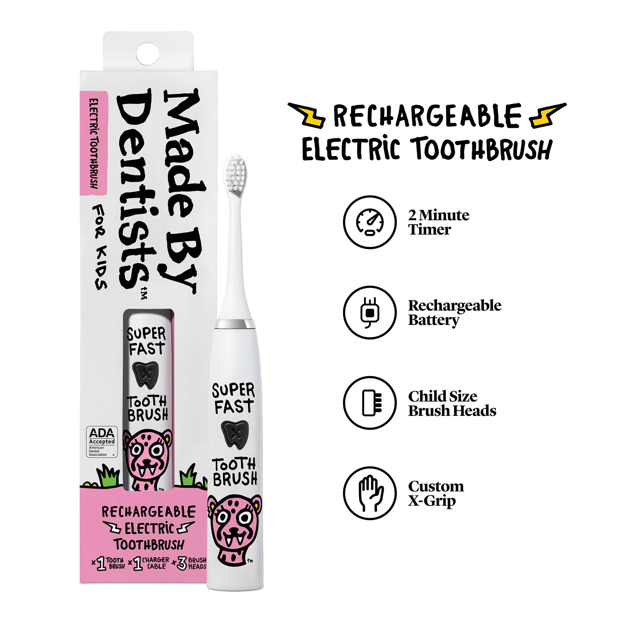 Made by Dentists Kids Electric Toothbrush – Rechargeable, 6 Replacement Heads (Cheetah)