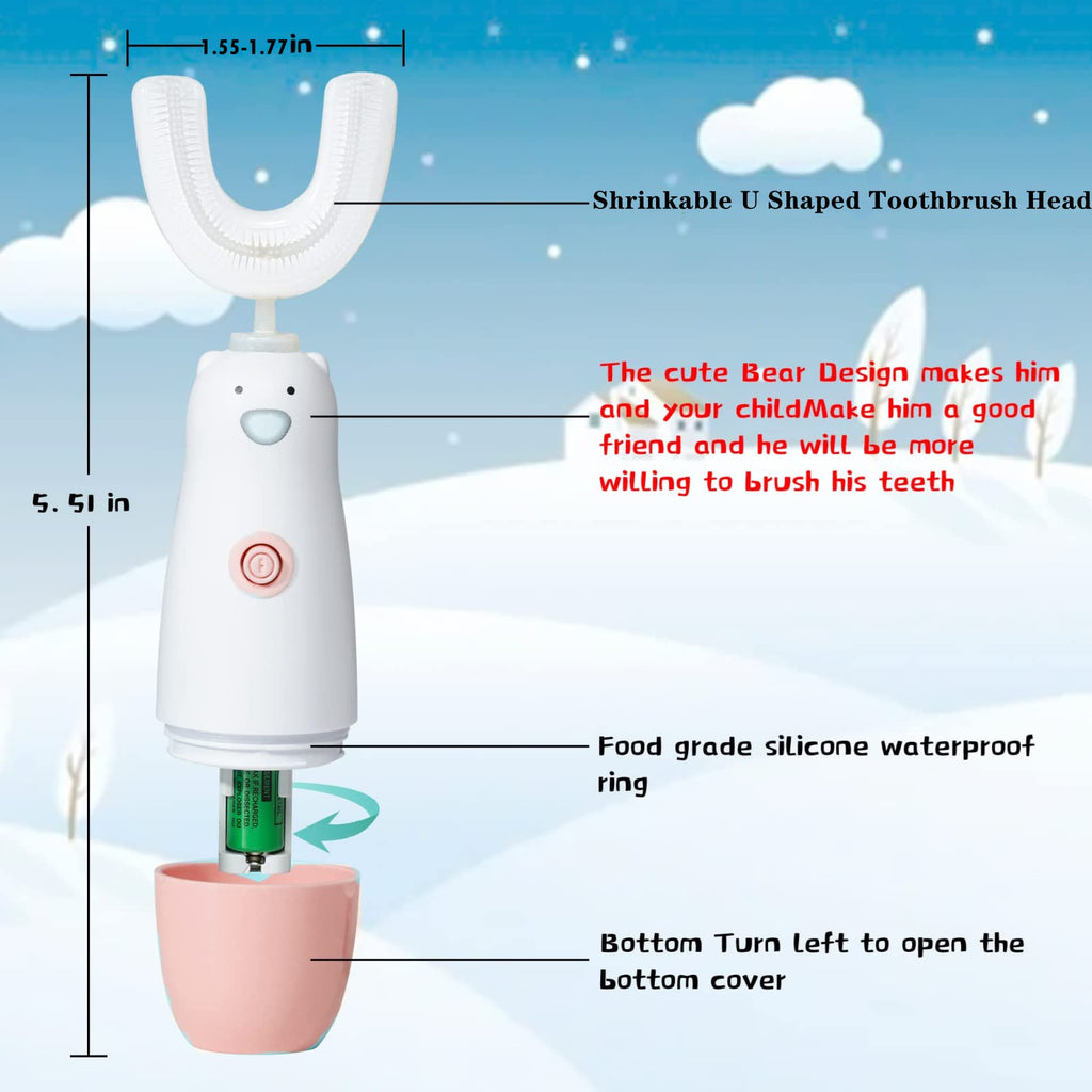 Kids U-Shaped Electric Toothbrush for Toddlers 2-7 (Pink) | 360 Sonic, Waterproof