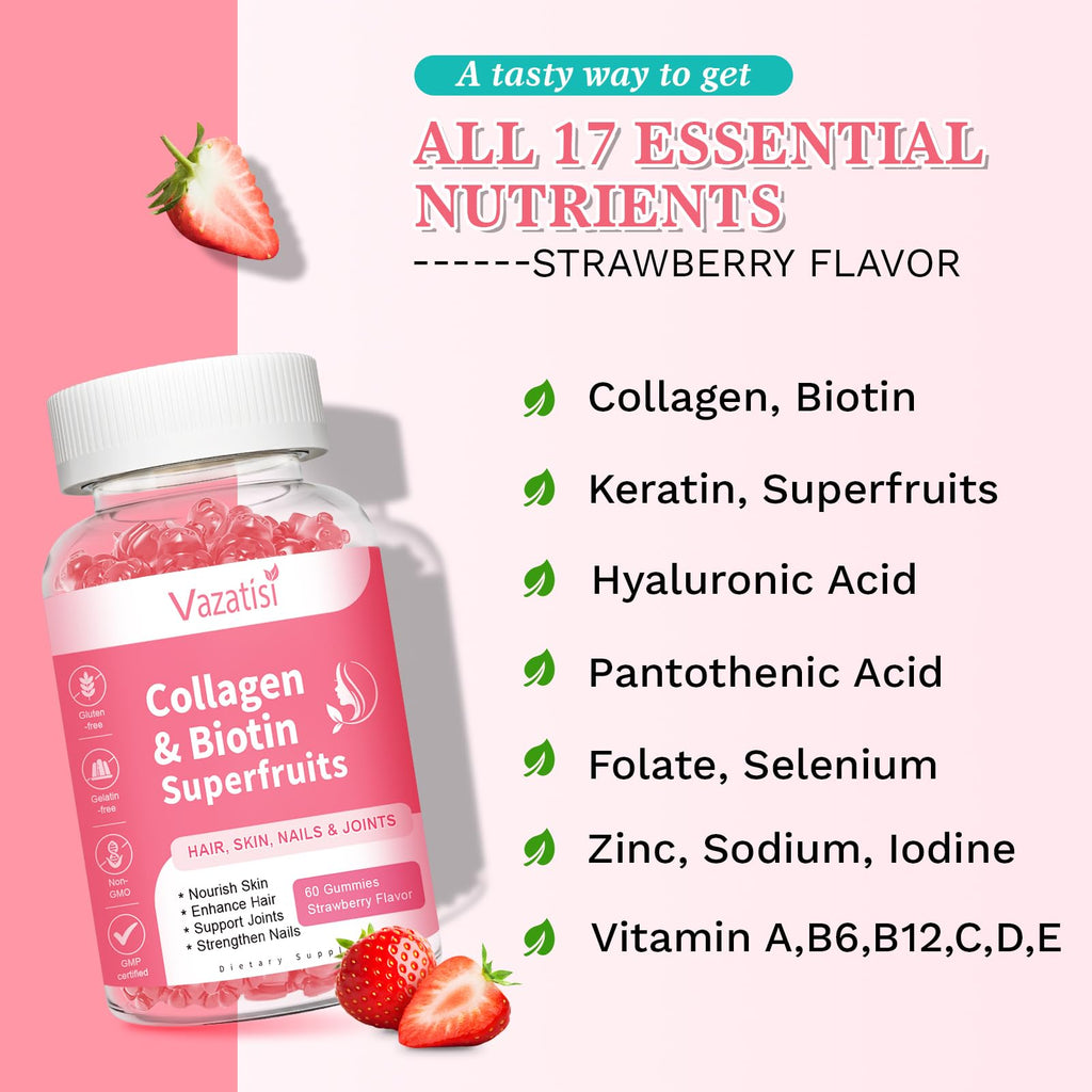 2 Pack Sugar Free Collagen Gummies for Women and Men – Multi-Collagen I-V X, Biotin, Strawberry 120 Count