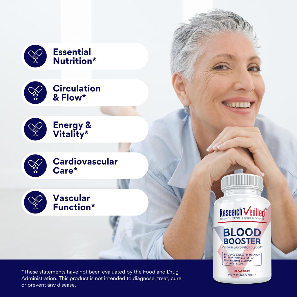 Research Verified Blood Booster – Blood Support with Hawthorn, Magnesium, Celery Seed Powder, BioPerine | 60 Capsules