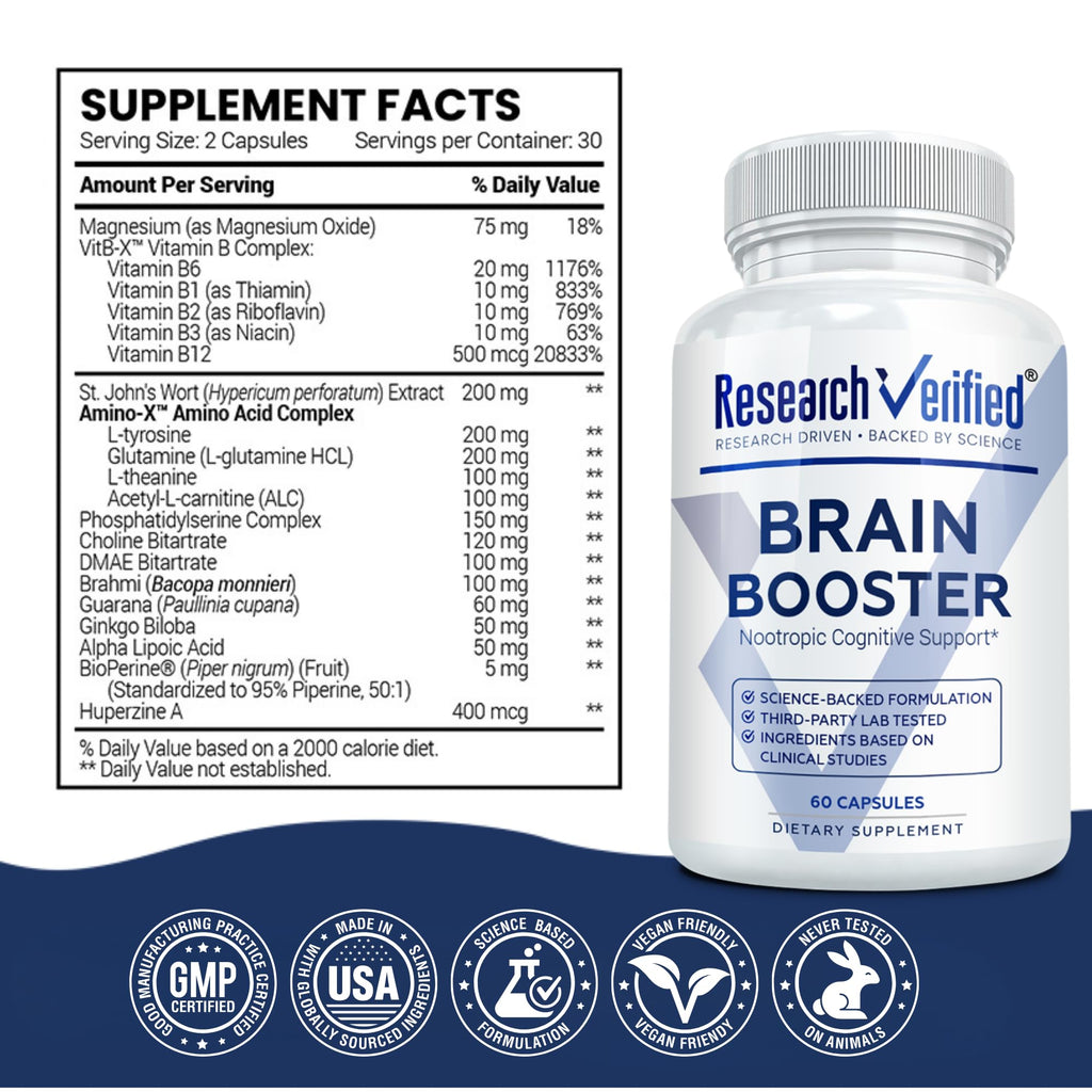 Research Verified Brain Booster – Nootropic for Memory & Focus, 180 Vegan Capsules (3 Bottles)