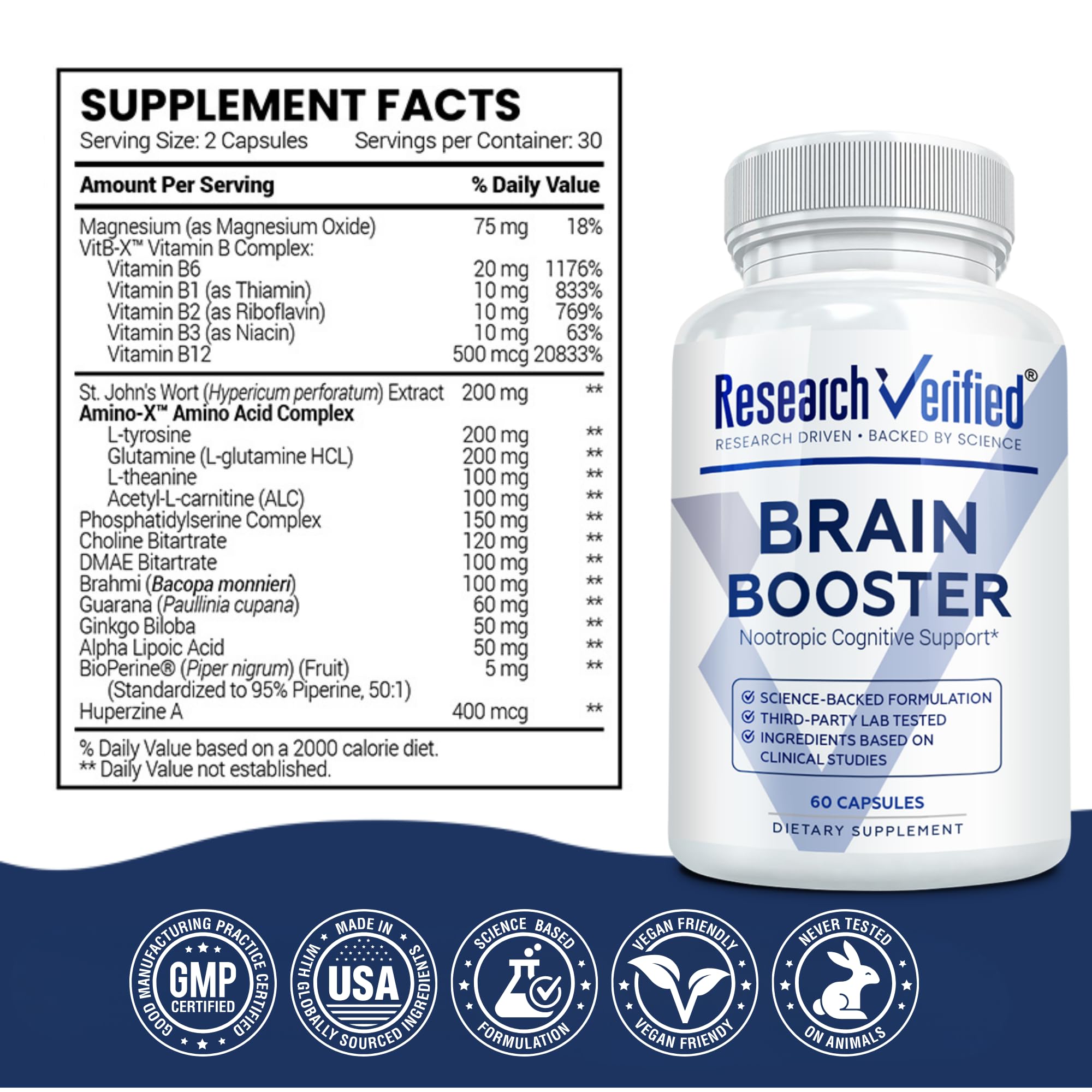 Research Verified Brain Booster – Nootropic for Memory & Focus, 180 Vegan Capsules (3 Bottles)