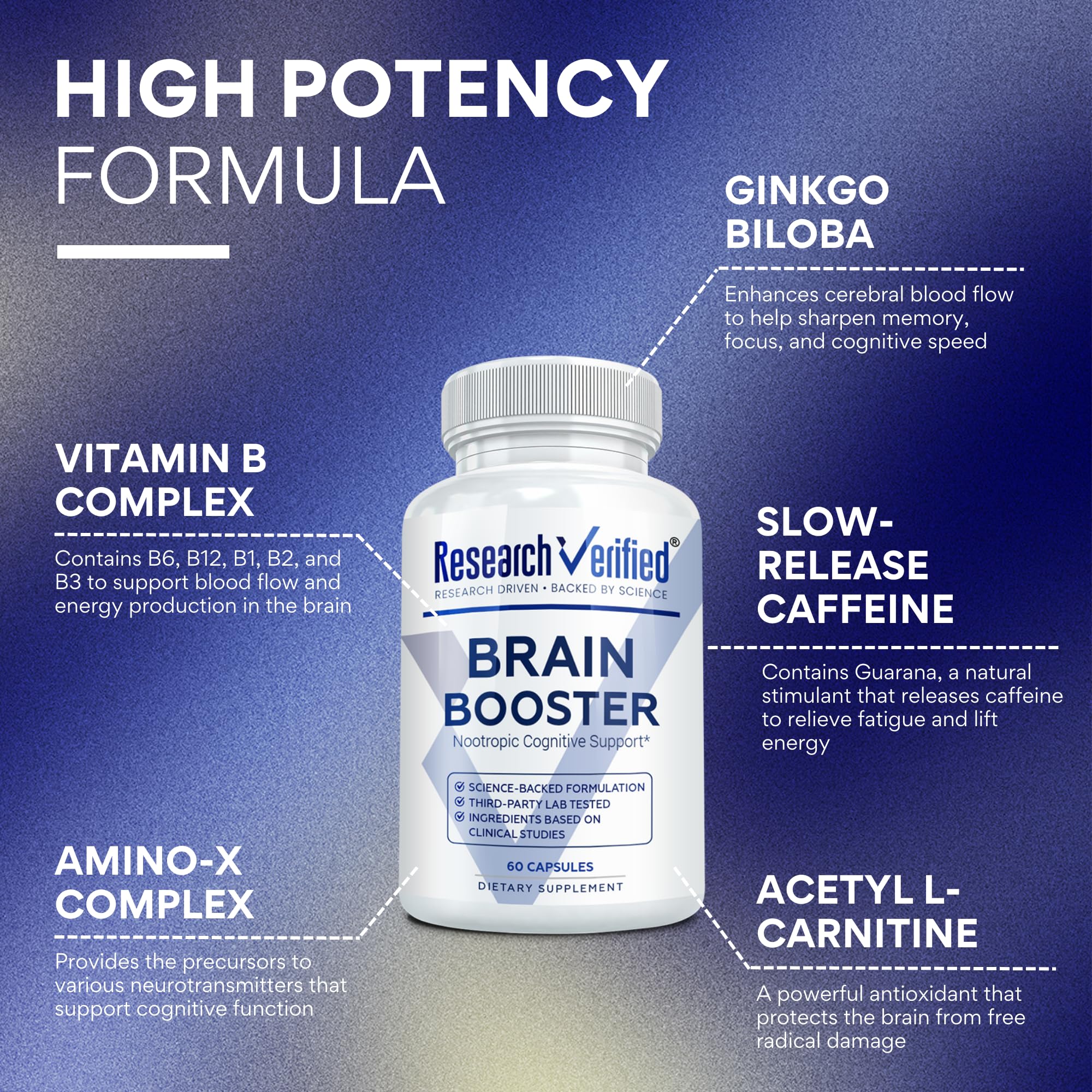 Research Verified Brain Booster – Nootropic for Memory & Focus, 180 Vegan Capsules (3 Bottles)