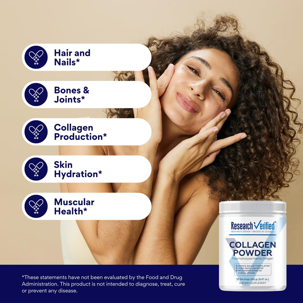 Research Verified Collagen Powder | Hydrolyzed Marine Collagen Peptides – Unflavored, 30 Scoops, 3 Month Supply