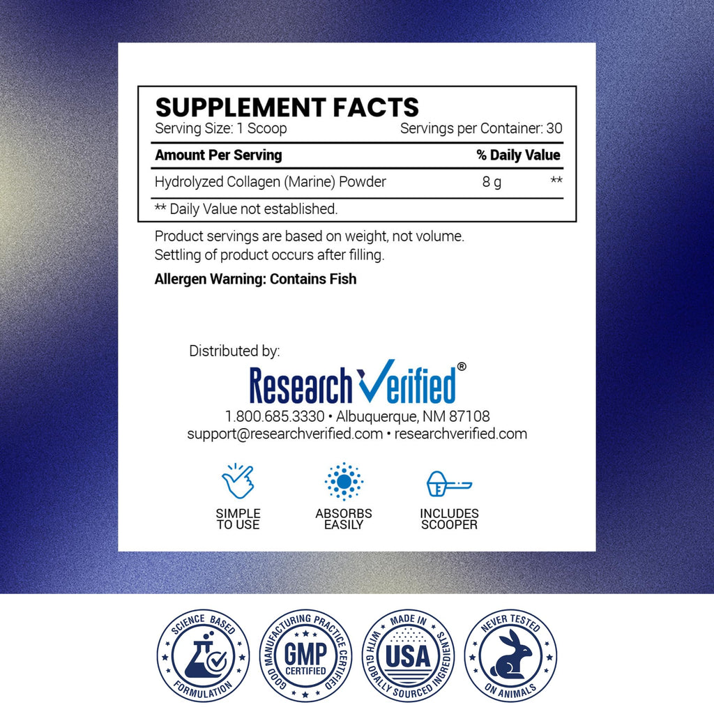 Research Verified Collagen Powder | Hydrolyzed Marine Collagen Peptides – Unflavored, 30 Scoops, 3 Month Supply
