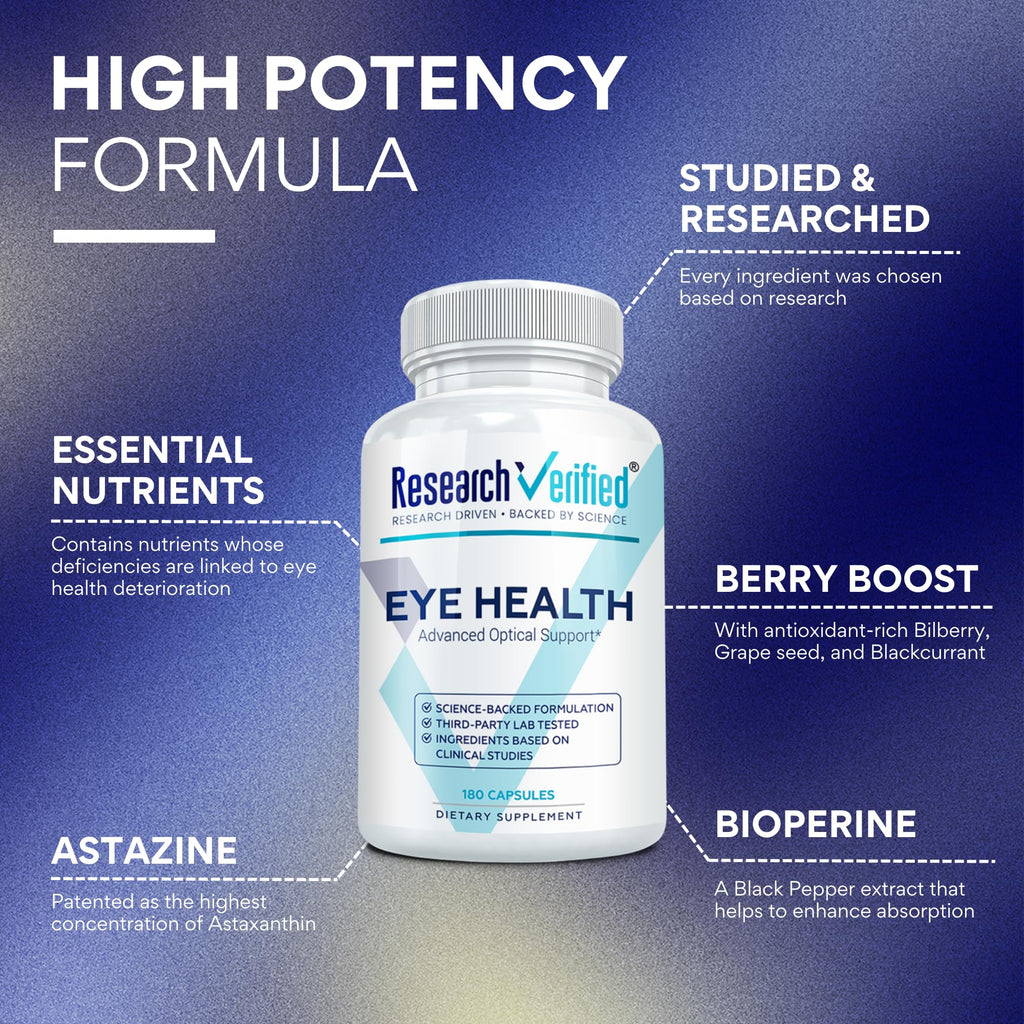 Research Verified Eye Health - Nourish and Protect Eyes and Vision, Support Healthy Retina, Improve Blood Supply to Eyes - Vitamins A, B, C, and E - 180 Capsules - 3 Month Supply - Made in The USA