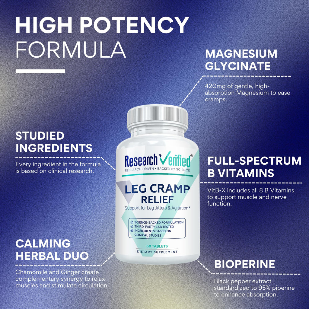 Research Verified Leg Cramps – Magnesium, B Vitamins, Ginger & Chamomile for Circulation Support – Vegan, 6-Month Supply