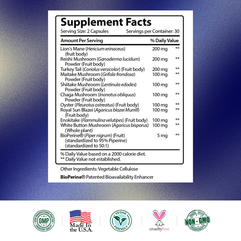 Research Verified Mushroom Complex – Immunity, Antioxidants & Cognition – 60 Vegan Capsules