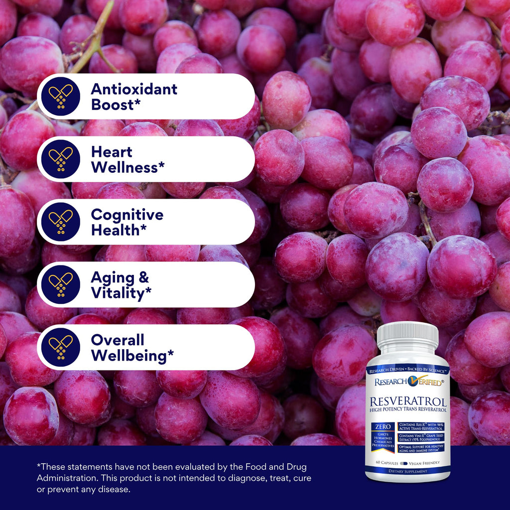 Research Verified Resveratrol - 98% Trans-Resveratrol 1000 mg, 60 Capsules per Bottle - 6 Bottles