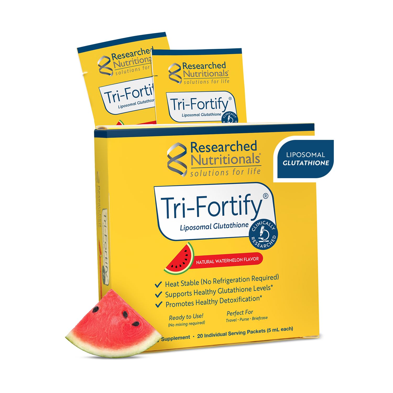 Researched Nutritionals Liposomal Glutathione (450mg) Liquid Gel + Vitamin C – Tri-Fortify, Watermelon, 20 Packets
