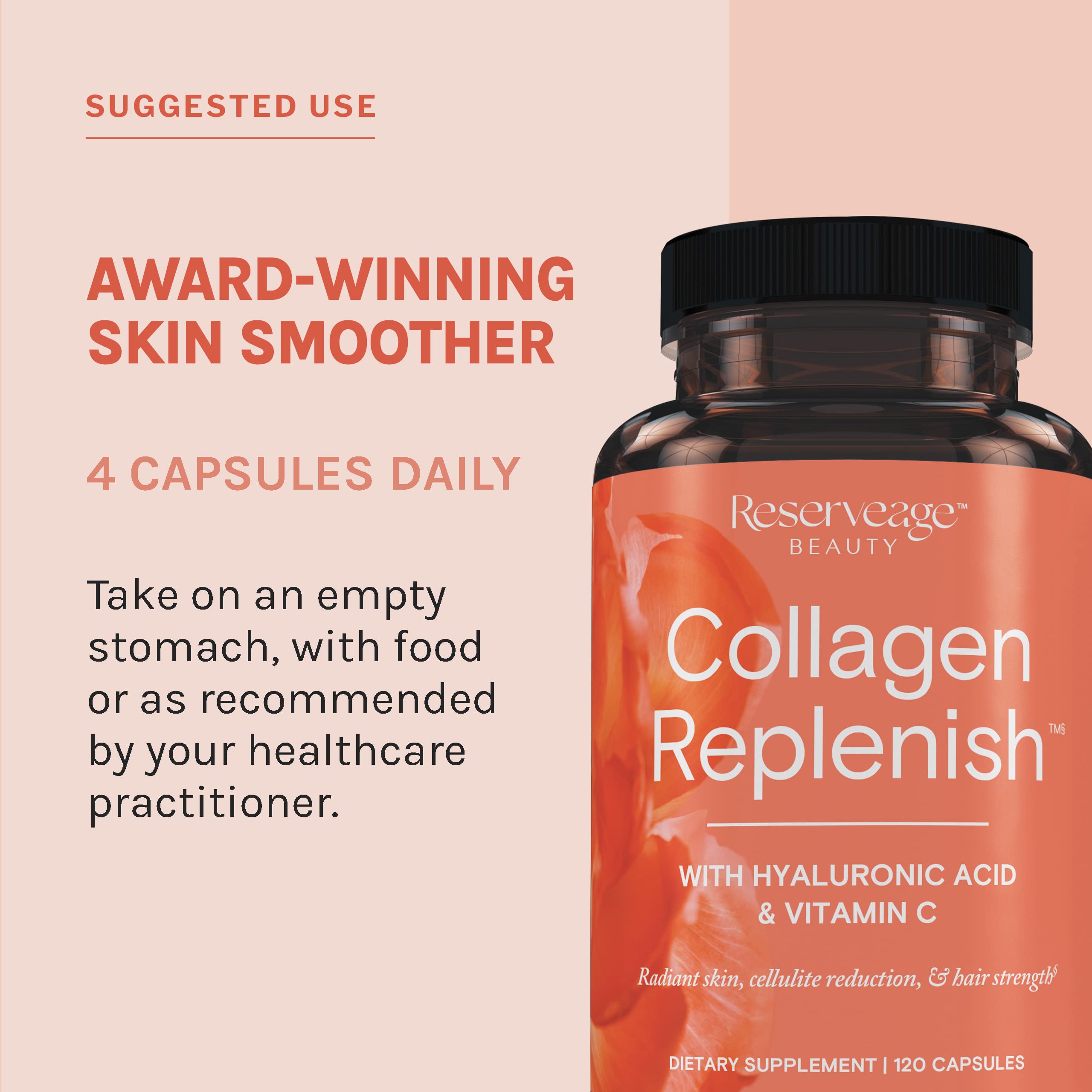 Reserveage Beauty Collagen Replenish - Collagen Booster & Supplement for Healthy Skin, Hair Growth | 120 Capsules (30 Servings)