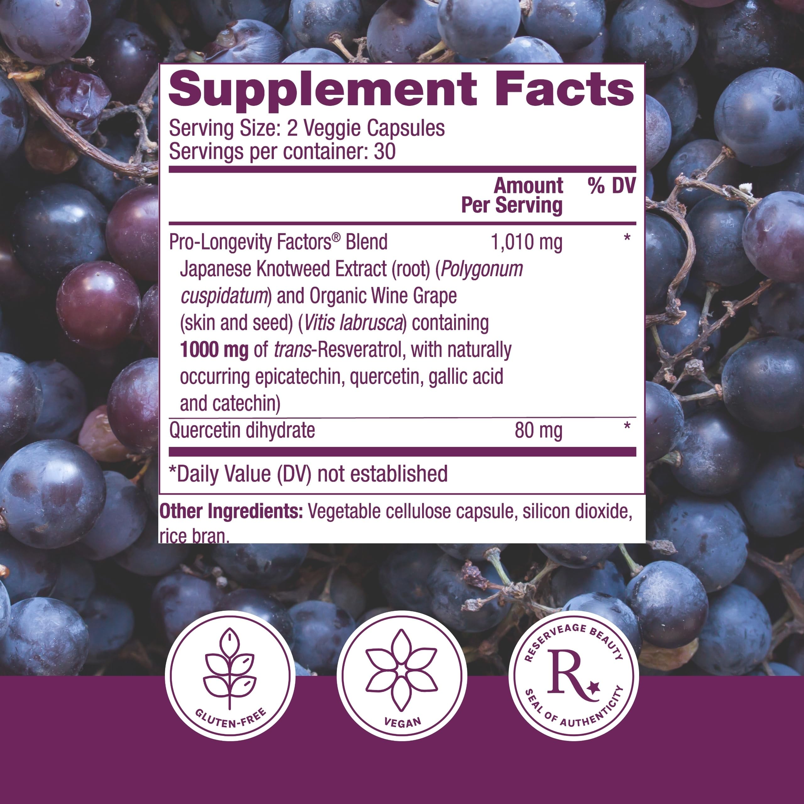 Reserveage Beauty Resveratrol 1000 mg – Antioxidant Support for Heart & Immune Health, 60 Capsules