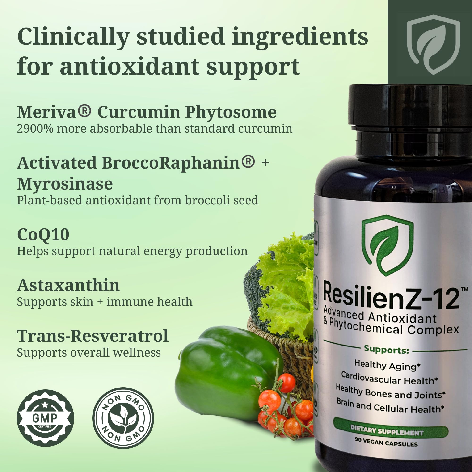 ResilienZ-12 Antioxidants Supplement – 12-in-1 Phytonutrient Complex with Meriva Curcumin Phytosome, Vitamin C, Sulforaphane, Astaxanthin, EGCG Green Tea, CoQ10 & Quercetin – 90 Vegan Capsules