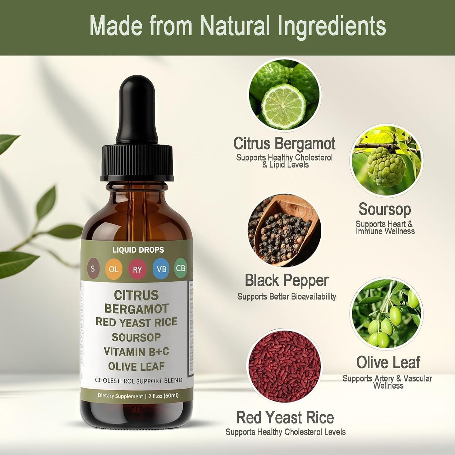 RESONA Red Yeast Rice Drops – Cholesterol Support Blend with Citrus Bergamot, Soursop, Olive Leaf & Vitamin B+C (2 fl oz) – Vegan & Non-GMO