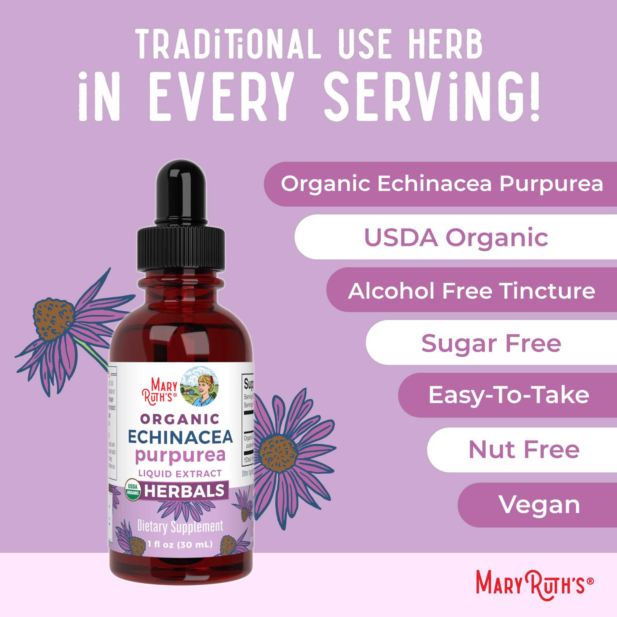 MaryRuth Organics Echinacea Purpurea Liquid | Immune Support Drops | USDA Organic | 1 Fl Oz
