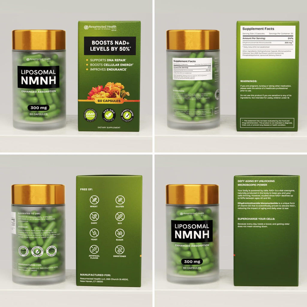 Resurrected Health Liposomal NMNH (300mg) – NAD+ Booster for Energy, Focus - 60 Capsules (4 Packs)